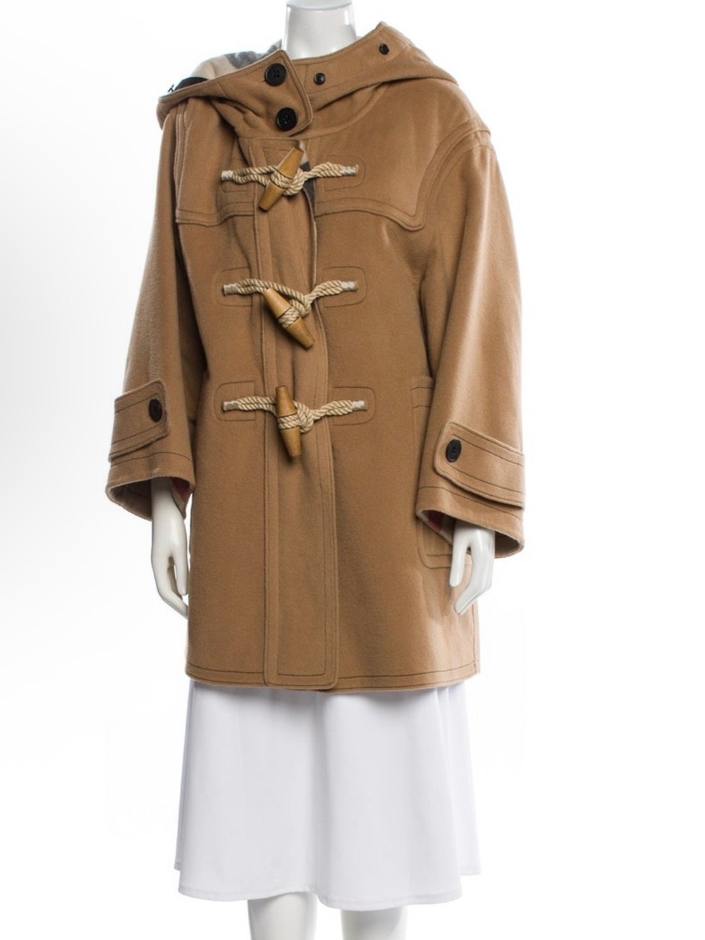 Wool Blend Toggle Pea Coat with Hood - Camel